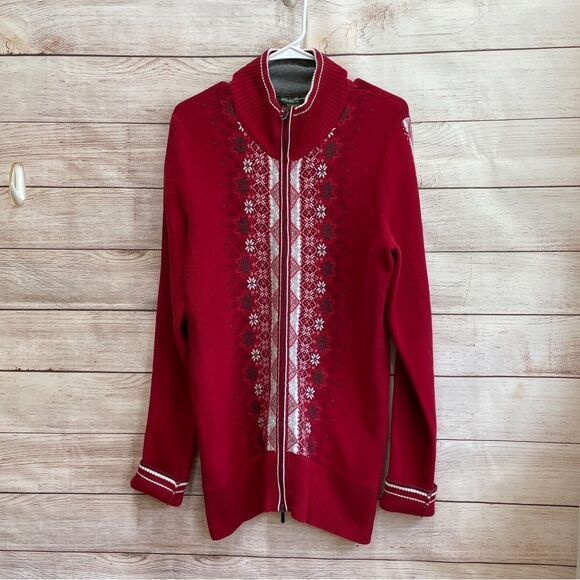 VINTAGE EDDIE BAUER ZIP FRONT SWEATER IN SNOWFLAKE FAIR ISLE DESIGN - Picture 1 of 9
